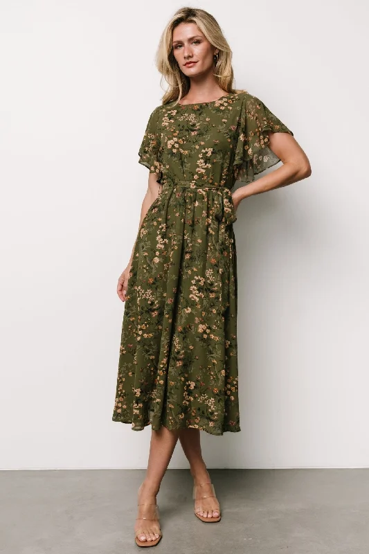 Laurel Midi Dress | Olive Floral Stylish Halter Neck Midi Dress