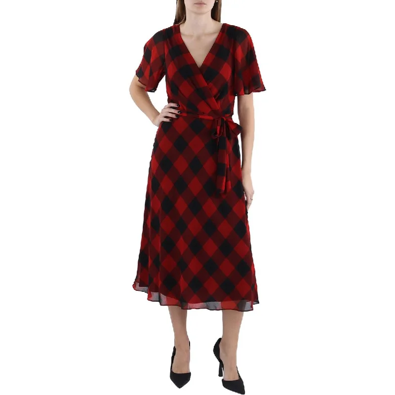 Lauren Ralph Lauren Womens Checkered Midi Dress Comfortable Draped Midi Dress