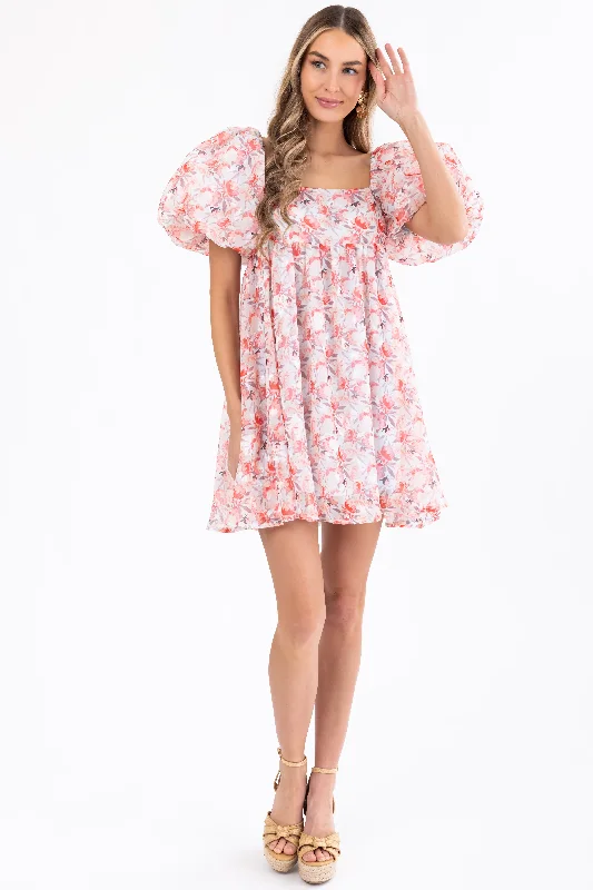 Lipstick Floral Print Puff Sleeve Mini Dress Casual Mini Dress with Pockets