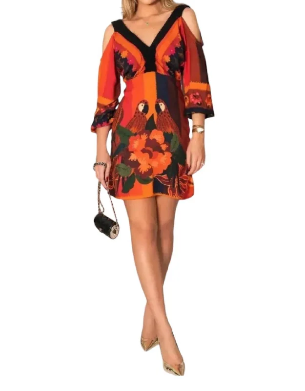 Love Birds Mini Dress In Orange Multi Fashionable Denim Mini Dress