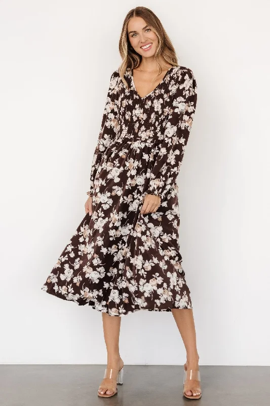 Matilda Smocked Midi Dress | Brown Floral Fashionable Fitted Midi Dress