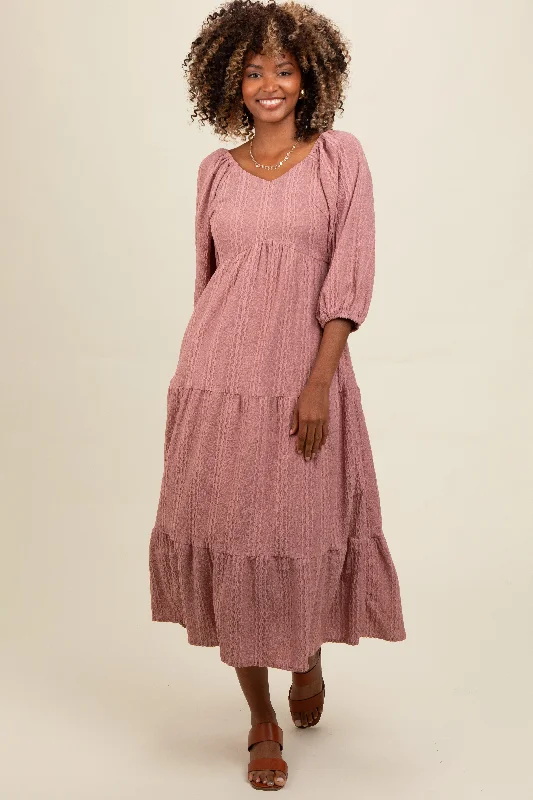 Mauve Embroidered Tiered Midi Dress Comfortable Wrap Midi Dress