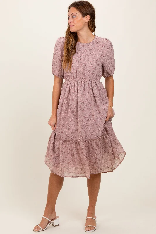 Mauve Printed Textured Midi Dress Comfortable Wrap Midi Dress