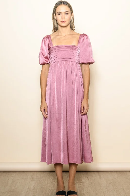 Mauve Satin Pleated Bodice Puff Sleeve Midi Dress Elegant Maxi-Midi Hybrid Dress