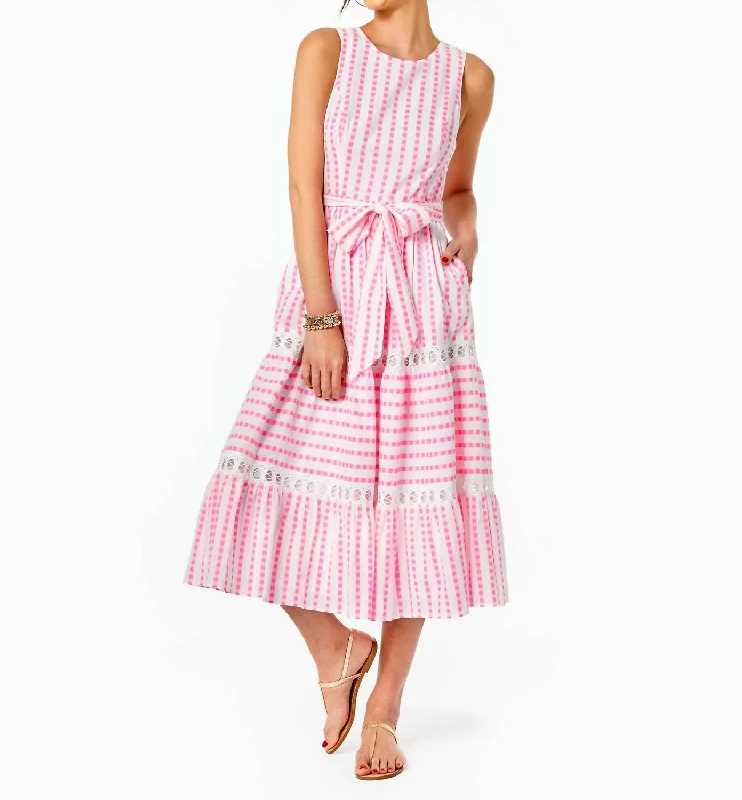 Maybella Tiered Midi Dress in Gingham Stripe Jacquard Stylish Button-Up Midi Dress