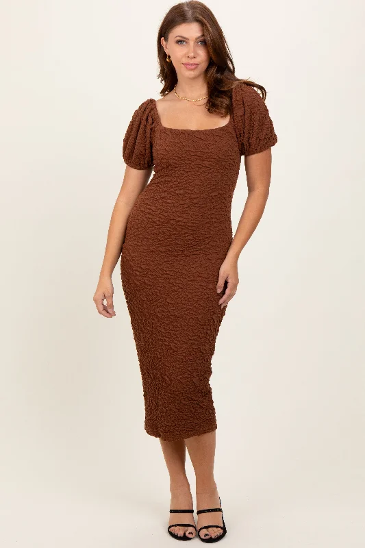 Mocha Textured Square Neck Puff Sleeve Midi Dress Elegant Floral Midi Dress