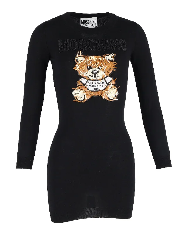 Moschino Embellished Bear Mini Dress in Black Wool Elegant Lace Mini Dress