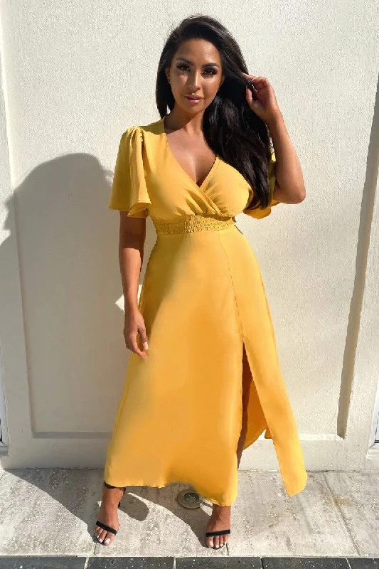 Mustard Gathered Waist Midi Dress Comfortable Ribbed Midi Dress