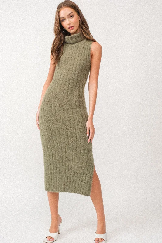 Olive Fuzzy Knit Sleeveless Turtle Neck Midi Dress Stylish Wraparound Midi Dress