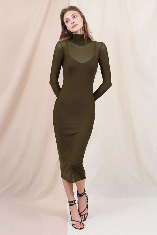 Olive Mesh Overlay Fitted Midi Dress Stylish Vintage Midi Dress