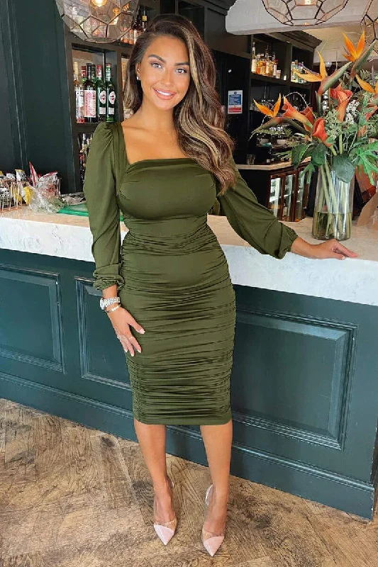 Olive Square Neck Ruched Midi Dress Fashionable One-Shoulder Midi Dress