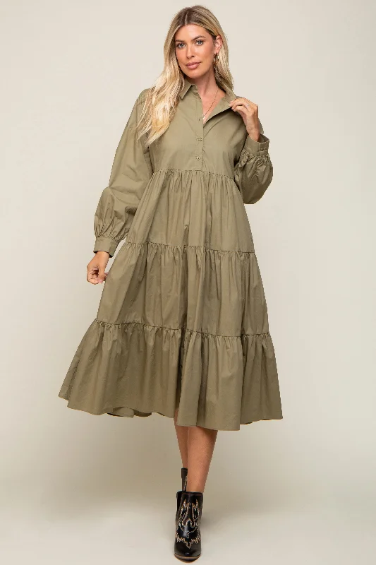 Olive Tiered Button Down Midi Dress Cozy Knit Midi Dress