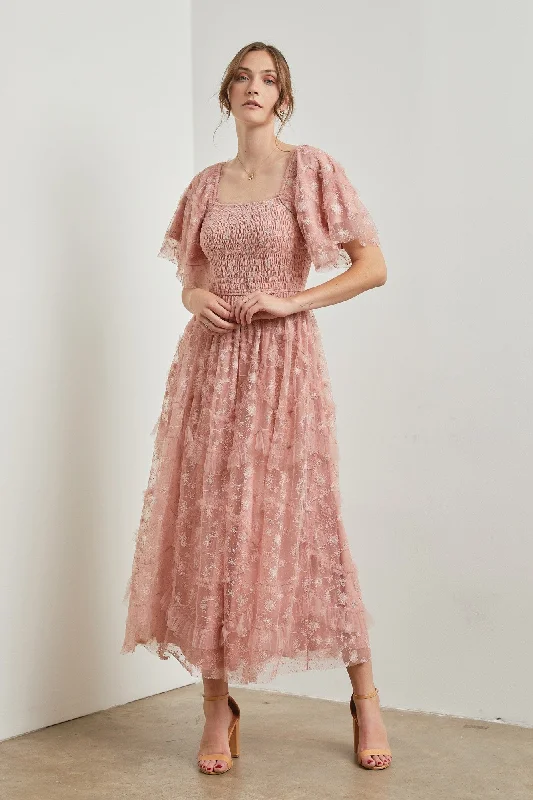 Pink Floral Embroidered Ruffle Tulle Midi Dress Stylish Striped Midi Dress