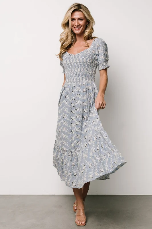 Piper Eyelet Midi Dress | Blue + Ivory Elegant Floral Midi Dress