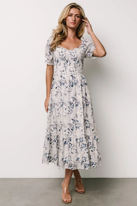 Piper Eyelet Midi Dress | Off White + Blue Floral Trendy Smocked Detail Midi Dress