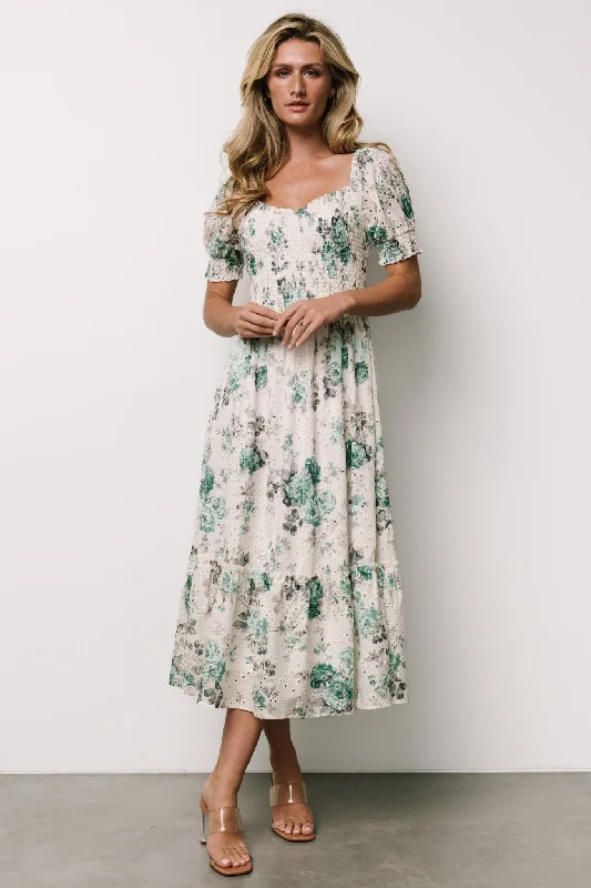 Piper Eyelet Midi Dress | Off White + Green Floral Comfortable Deep V Midi Dress