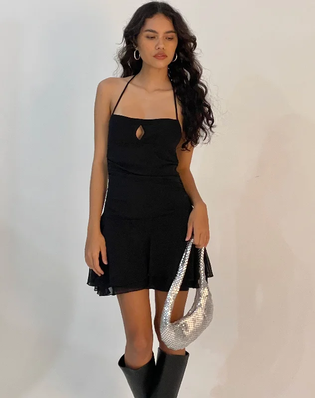 Pixila Halterneck Mini Dress in Black Mesh Cozy Knitted Mini Dress