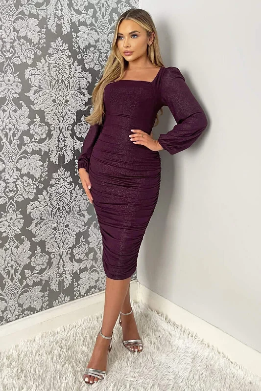 Plum Square Neck Long Sleeve Ruched Shimmer Midi Dress Fashionable Wide Leg Midi Dress