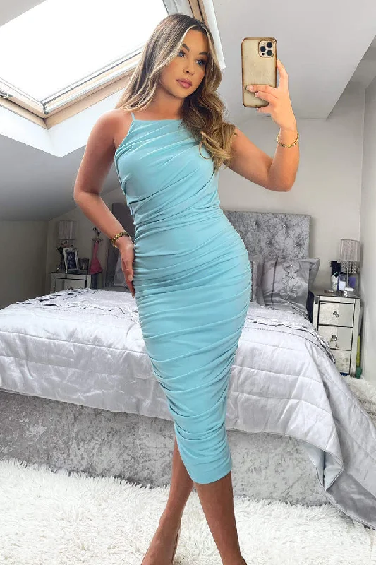 Powder Blue Ruched Pleated Top Midi Dress Stylish Striped Midi Dress