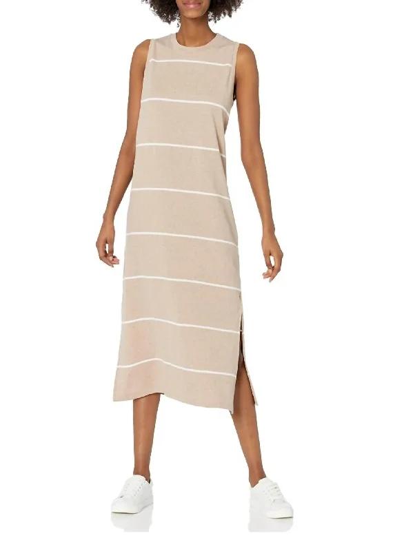 Quinn Midi Dress in Tan Stripe Stylish Halter Neck Midi Dress