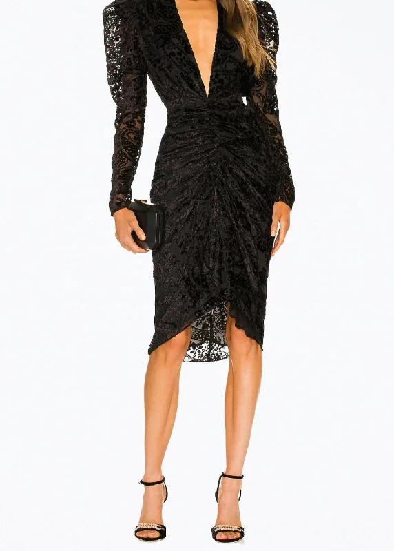 Sade Ruched Velvet-Jacquard Midi Dress in Black Stylish High-Waisted Midi Dress