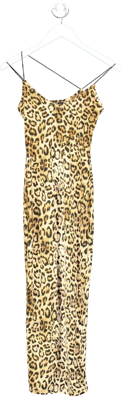 SHEIN Brown Leopard Print Midi Dress With Slit Detail UK XS Fashionable Chiffon Midi Dress