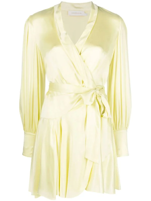 Silk Wrap Mini Dress In Lemon Comfortable Polka Dot Mini Dress