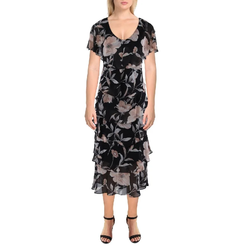 SLNY Womens Tiered Printed Midi Dress Fashionable Chiffon Midi Dress