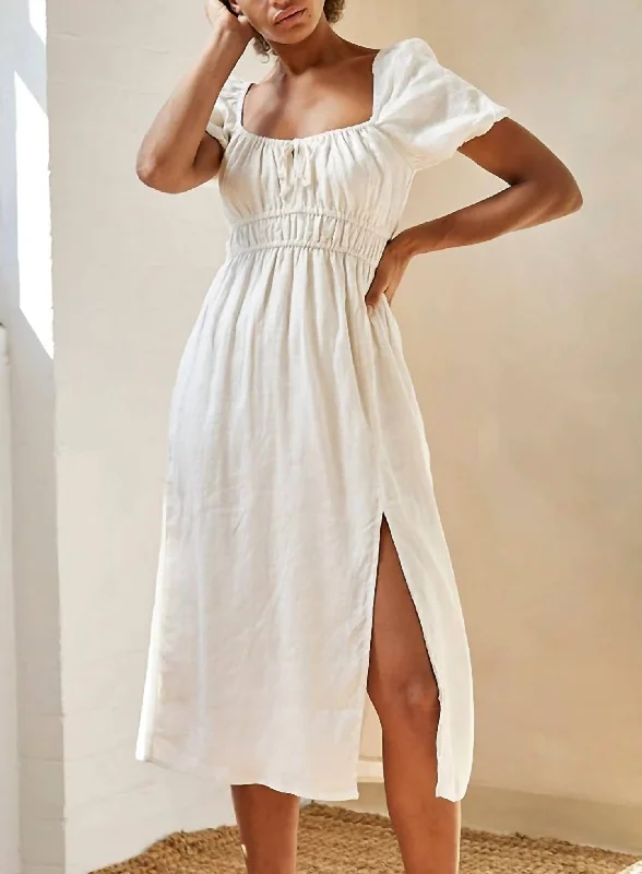 Terina Midi Dress in Plain Egg Shell Stylish Off-Shoulder Ruffle Dress