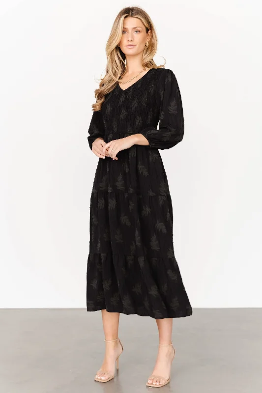 Tommi Smocked Midi Dress | Black Trendy Fit-and-Flare Midi Dress