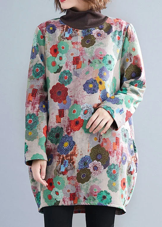 Unique Rose Turtle Neck Print Warm Fleece Mini Dress Winter Comfortable Wrap Mini Dress