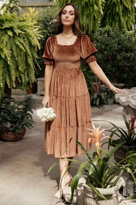 Vivaldi Smocked Velvet Midi Dress | Bronze Comfortable Lace-Up Midi Dress