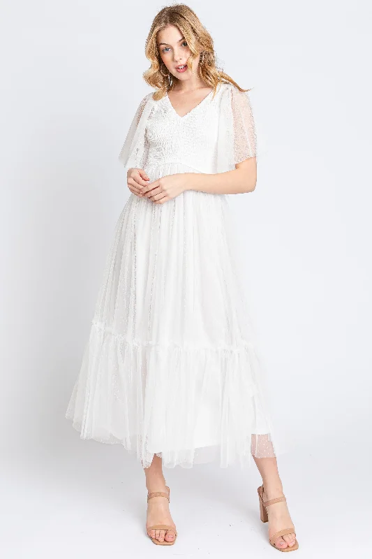 White Dotted Tulle Smocked Midi Dress Chic Off-Shoulder Midi Dress