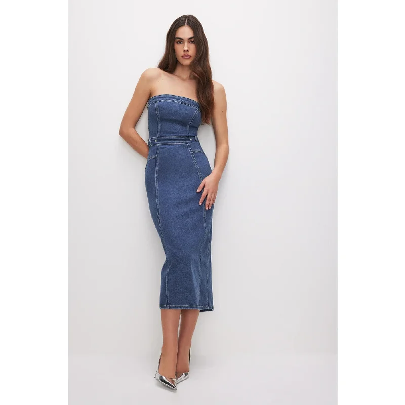 Blue Denim Tube Midi Dress Stylish Pleated Skirt Midi Dress