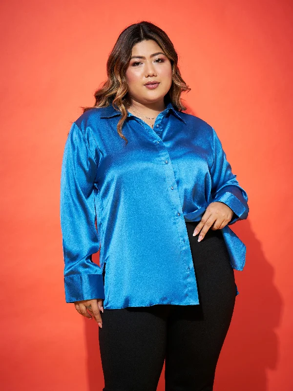 Women Royal Blue Regular Satin Shirt Soft Cotton Short Shirt