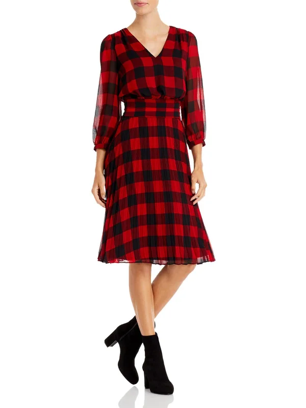 Womens Chiffon Plaid Midi Dress Stylish Cold Shoulder Midi Dress