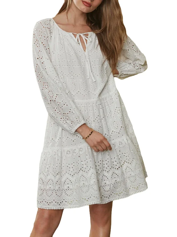 Womens Cotton Eyelet Midi Dress Stylish Off-Shoulder Ruffle Dress