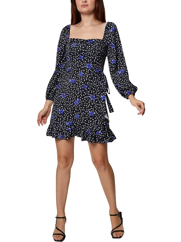 Womens Floral Square Neck Mini Dress Comfortable Wrap Mini Dress