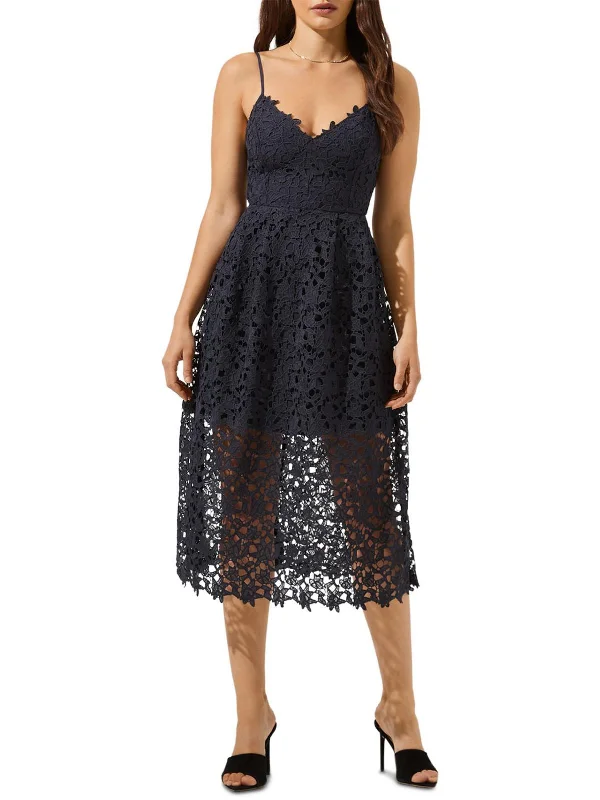 Womens Lace Overlay V Neck Midi Dress Elegant Pleated Detail Midi Dress