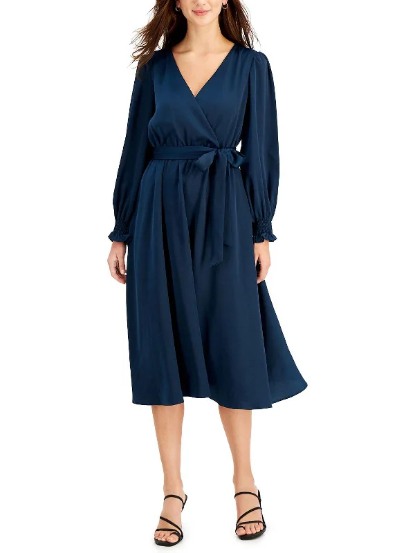 Womens Satin Long Sleeves Midi Dress Fashionable High-Neck Midi Dress