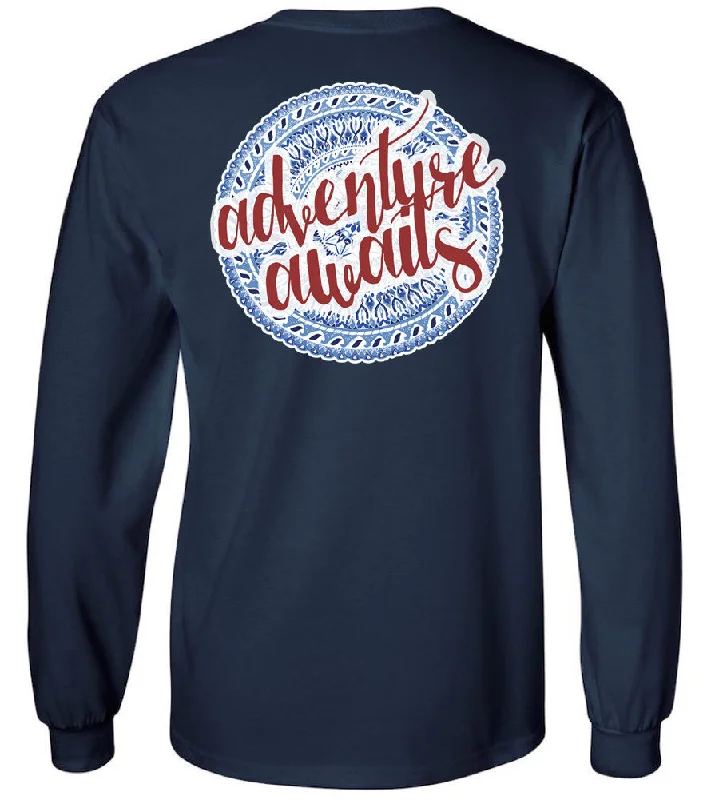 'Adventure Awaits' Long Sleeve Tee Plaid T-Shirt Polka Dot Checkered