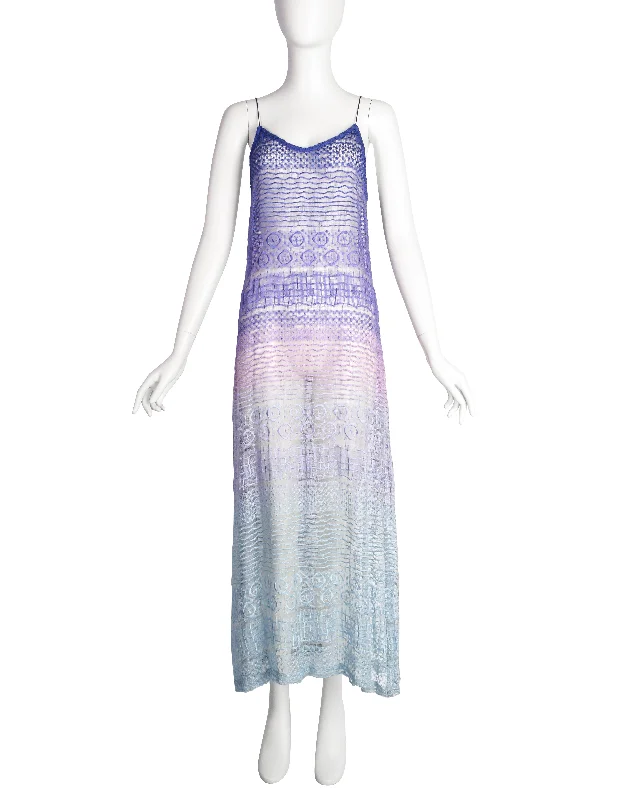 Berit Steffin Vintage 1990s Stunning Pastel Purple Blue Ombre Embroidered Net Maxi Dress Fashionable Chiffon Tiered Maxi Dress