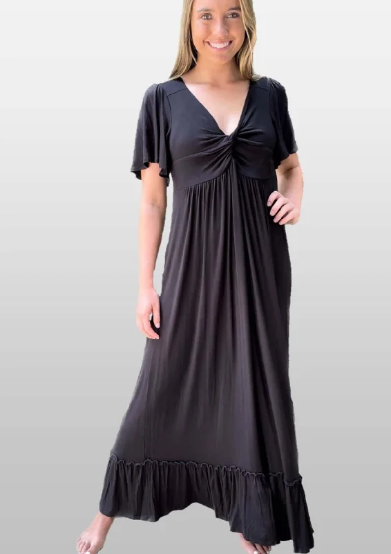 Black V-Neck Maxi Dress With Flutter Sleeves Made in USA Fashionable Layered Maxi Dress