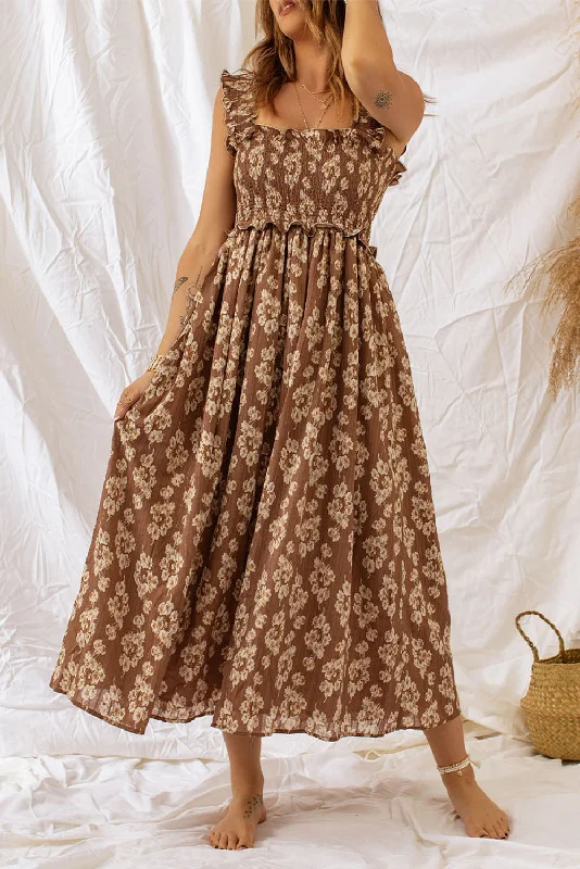 Ruffled Straps Smocked Floral Maxi Dress Elegant Boho Maxi Dress