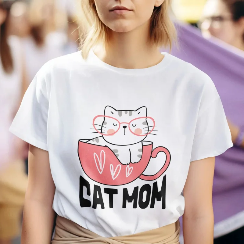 Cat Mom Round Neck Half Sleeve Classic T-Shirt Print Jacquard Patchwork