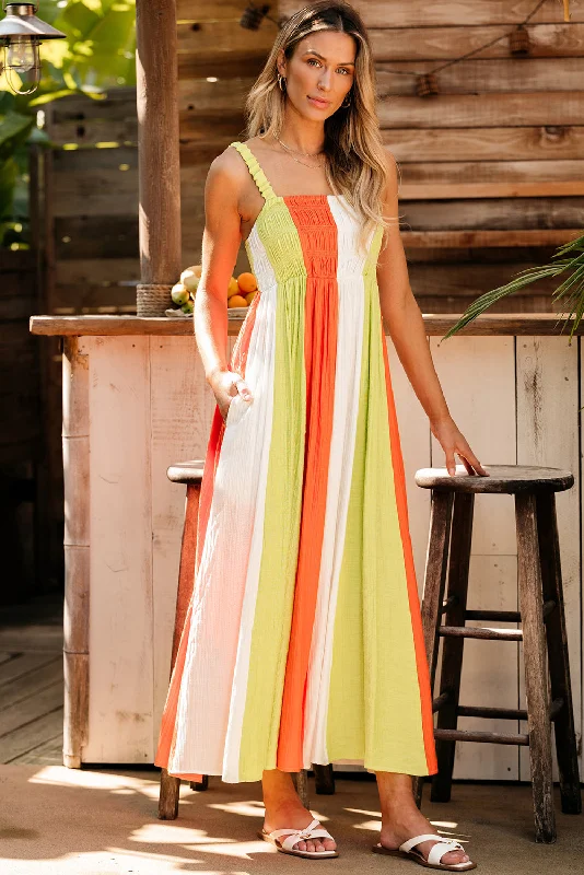 Color Block Shirred High Waist Fit and Flare Maxi Dress Elegant Maxi Dress with Belt