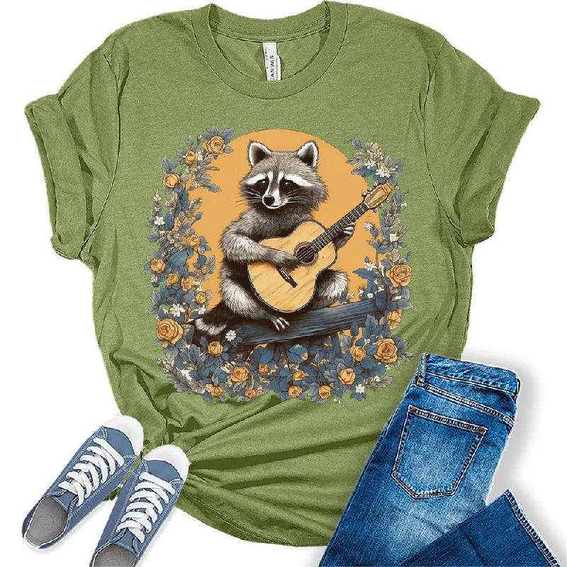 Womens Retro Raccoon Playing Guitar Shirt Cottagecore Clothing Animal Playing Music T-Shirts Cute Short Sleeve Graphic Tees Plus Size Summer Tops Ribbed T-Shirt High Neck Heavyweight