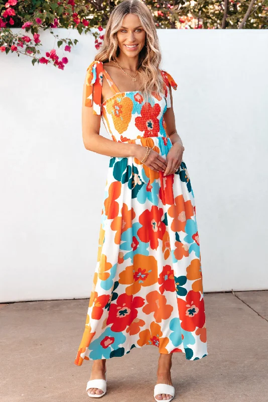 Floral Self Tied Straps Smocked Bust Maxi Dress Cozy Spaghetti Strap Maxi Dress