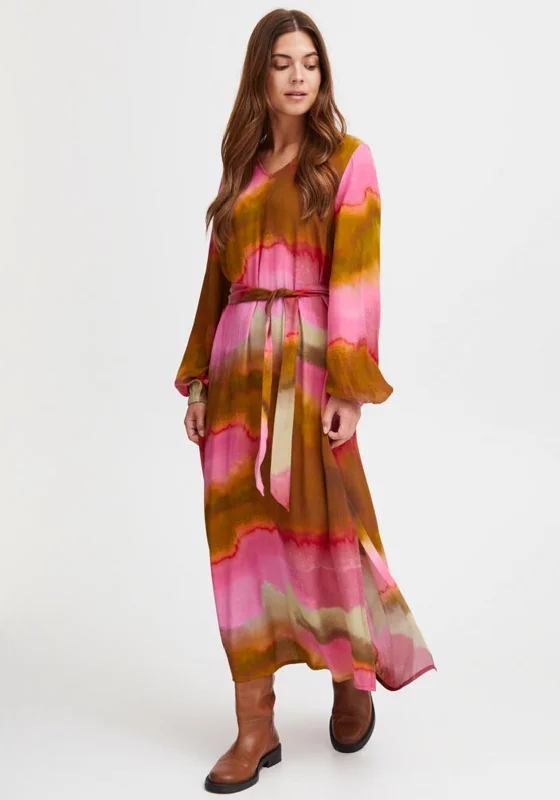 Fransa Ombre Print A-Line Maxi Dress, Pink Multi Elegant Lace-Up Maxi Dress