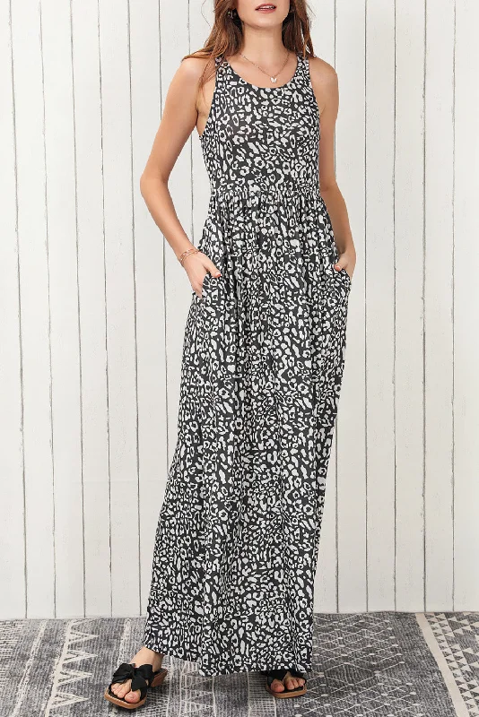 Gray Leopard Print Pocketed Sleeveless Maxi Dress Chic Summer Maxi Dress